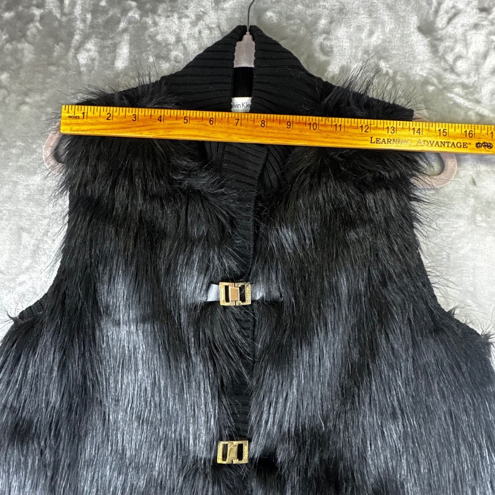 Calvin Klein Faux Fur Vest Womens XL Black Ribbed Knit Gold Buckle Zip (1617) - Picture 7 of 10